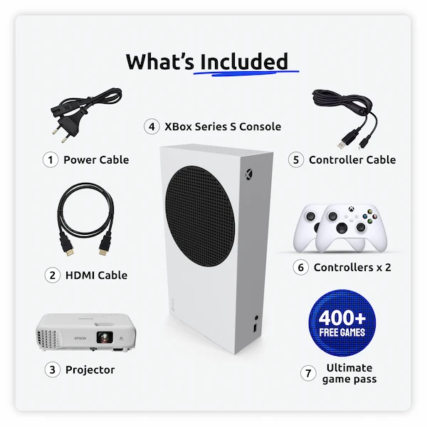Console Rentals Rent xbox series s with game pass with two controllers with projector ...